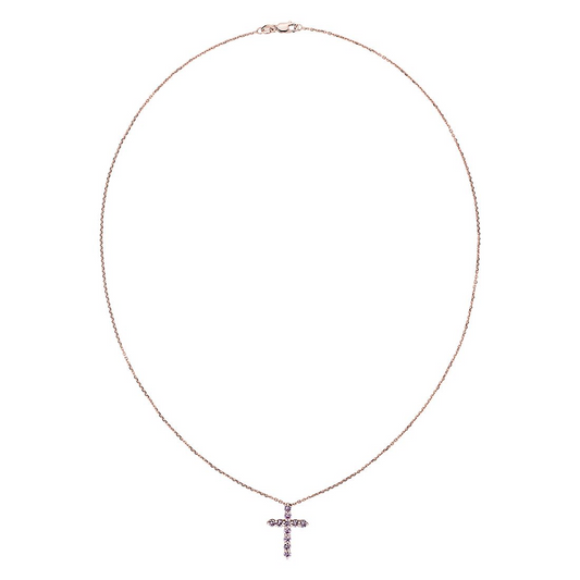 925 Sterling Silver Petite Pink Sapphire Cross Pendant Necklace With Crystel