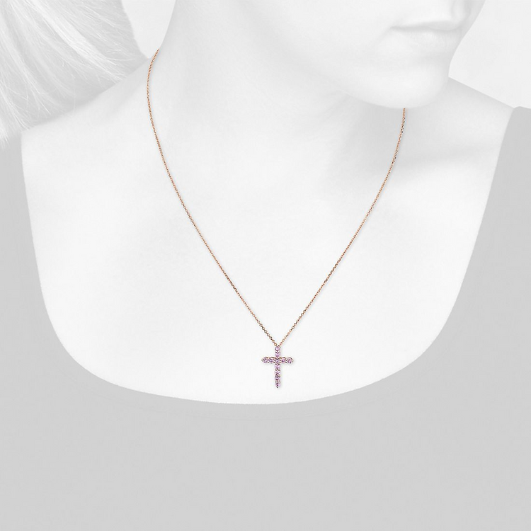 925 Sterling Silver Petite Pink Sapphire Cross Pendant Necklace With Crystel