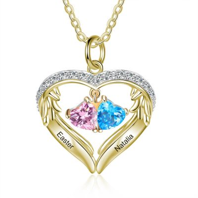 925 Sterling Silver Personalized Name and Birthstone Angel Wings Necklace