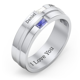 925 Sterling Silber Herren Doppel Baguette Ring mit Geburts stein