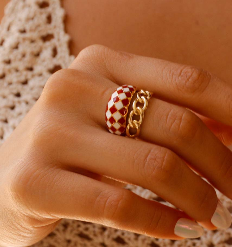 925 Sterling Silver Checker Colorful Ring