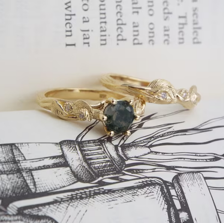 925 Sterling Silver Moss Agate Bridal Set Nature Inspired Ring Unique Elven Leaf Engagement Vine Rings Fantasy Forest Ring Nature Bridal Ring