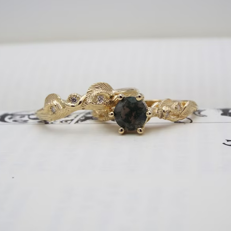 925 Sterling Silver Moss Agate Bridal Set Nature Inspired Ring Unique Elven Leaf Engagement Vine Rings Fantasy Forest Ring Nature Bridal Ring