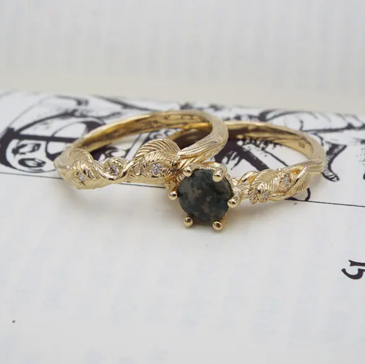 925 Sterling Silver Moss Agate Bridal Set Nature Inspired Ring Unique Elven Leaf Engagement Vine Rings Fantasy Forest Ring Nature Bridal Ring