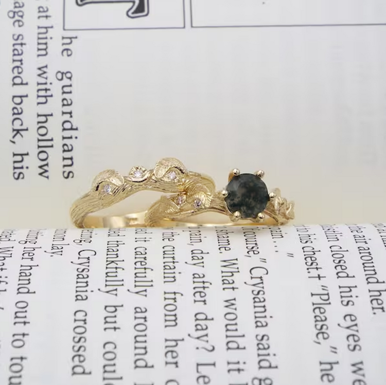 925 Sterling Silver Moss Agate Bridal Set Nature Inspired Ring Unique Elven Leaf Engagement Vine Rings Fantasy Forest Ring Nature Bridal Ring