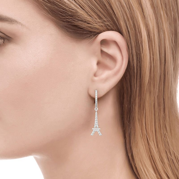 Boucles d'oreilles pendantes en argent sterling 925 Tour Eiffel en argent sterling
