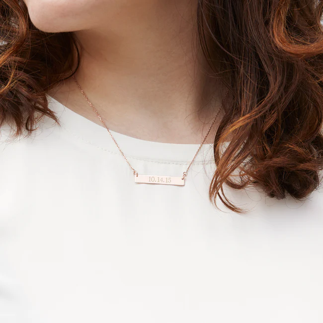 925 Sterling Silver Custom Date Rose Gold Bar Necklace
