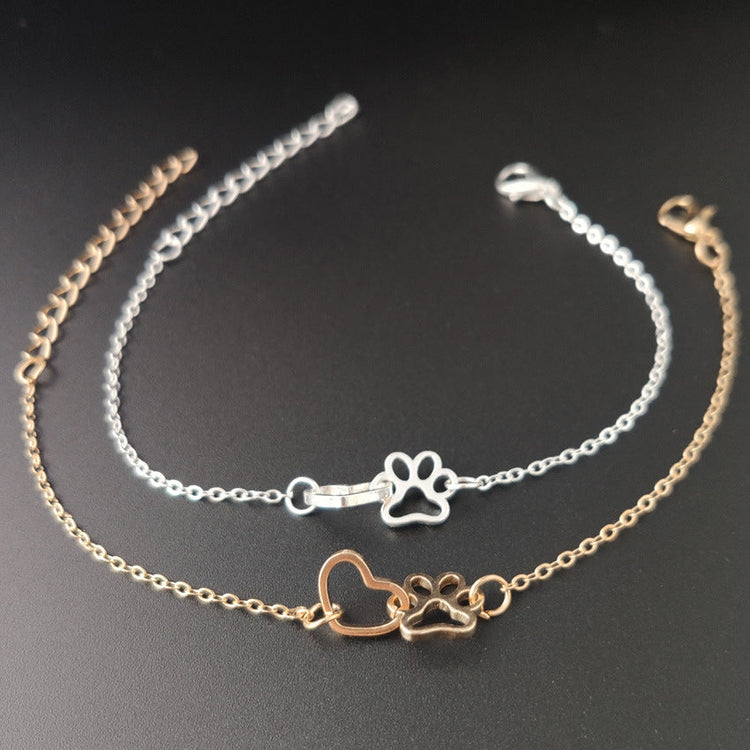 925 Sterling Silver Hollow Heart Puppy Pet Paw Print Anklet - onlyone