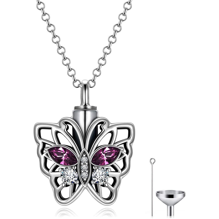 925 Sterling Silver Butterfly Urn Necklace for Ashes, Cremation Keepsake Necklace with Crystal - onlyone