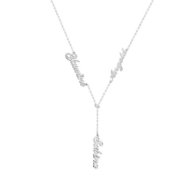 925 Sterling Silber Vertikales Lariat Multi Namen Y Stil Namensschild Halskette