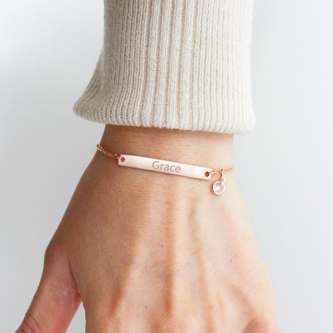 Sterling Silver Customized Name Bar Bracelet With Birthstone Gift For Her Bridesmaid Bracelet Nameplate Bracelet - onlyone
