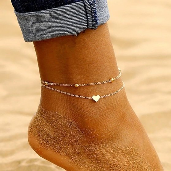 925 Sterling Silver Double Layer Heart Anklet Set - onlyone