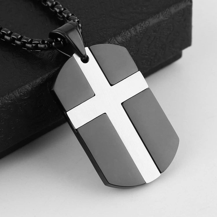 Stainless Steel Cross Dog Tag Pendant Necklace Strength Bible Verse, Father's Day Gift - onlyone