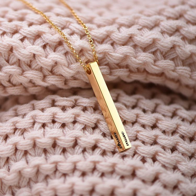 925 Sterling Silver 3D Engraved 4 Sided Vertical Pillar Bar Name Necklace