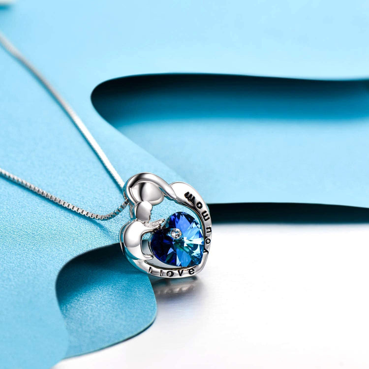 Collier pendentif en cristal en argent sterling 925 Je t'aime maman maman et enfant coeur