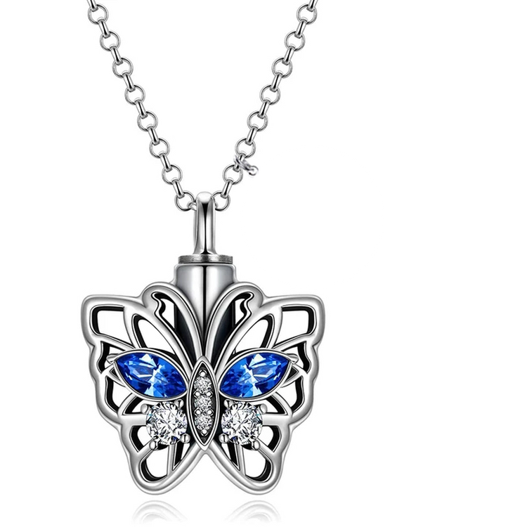 925 Sterling Silver Butterfly Urn Necklace for Ashes, Cremation Keepsake Necklace with Crystal - onlyone