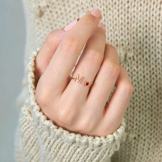 925 Sterling Silver Personalized Uppercase Letter Name Ring Nameplate Ring Birthstone Ring - onlyone