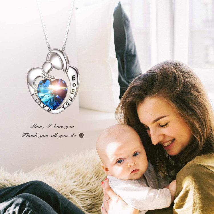 Collier pendentif en cristal en argent sterling 925 Je t'aime maman maman et enfant coeur