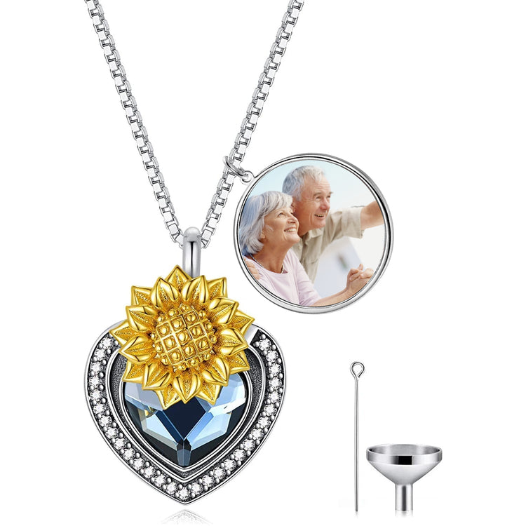 PRAYBIRDS 925 Sterling Silver Heart Flower Urn Necklace for Ashes, Cremation Keepsake Necklace with Crystal