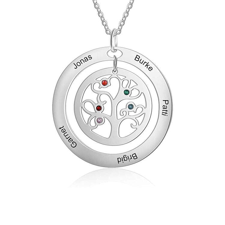 925 Sterling Silver Multi-Name Family Tree Necklace With Birthstone