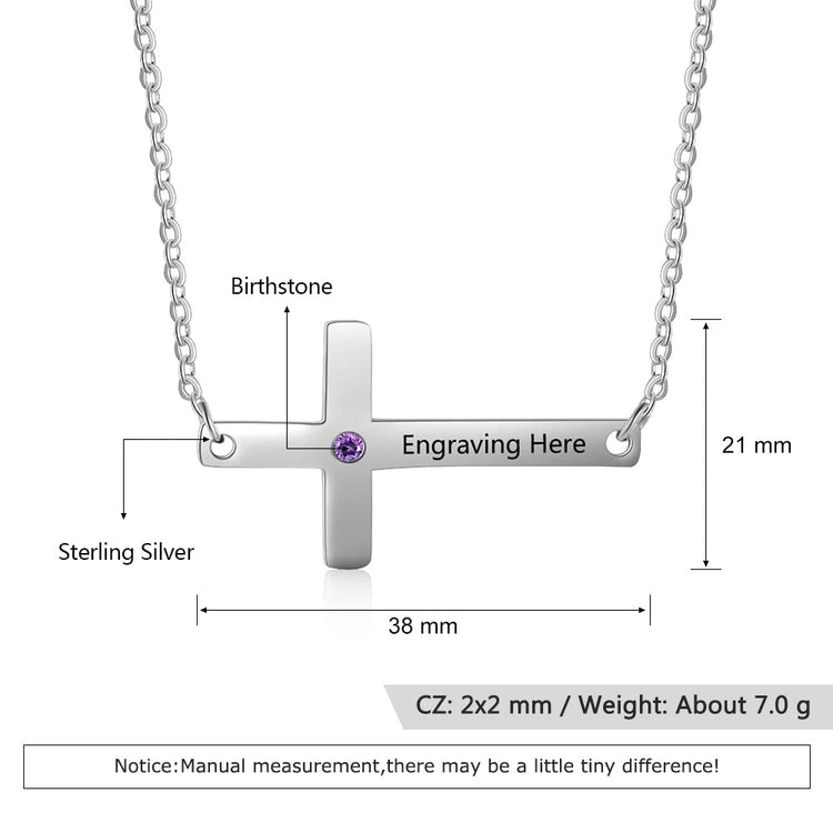 925 Sterling Silver Personalized Sideways Cross Necklace with Custom Name & Birthstone - onlyone