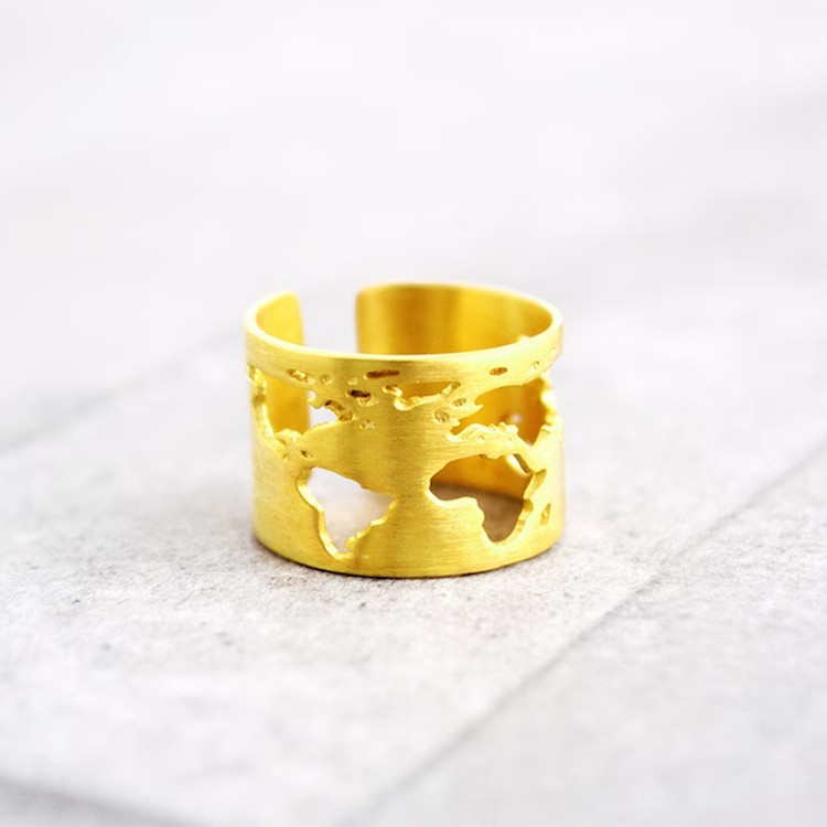 925 Sterling Silver Gold Travel Ring World Map Ring Gift for Teens Graduation