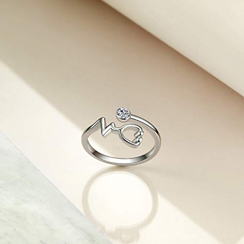 925 Sterling Silver White Angel Stethoscope Heartbeat Ring Graduation Gift - onlyone