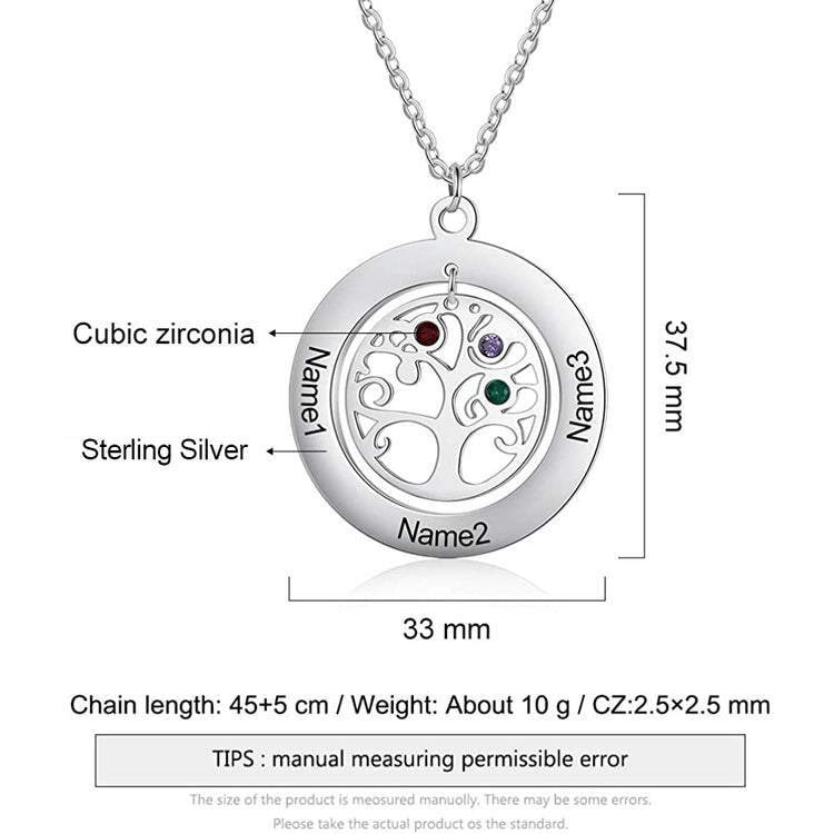 925 Sterling Silver Multi-Name Family Tree Necklace With Birthstone