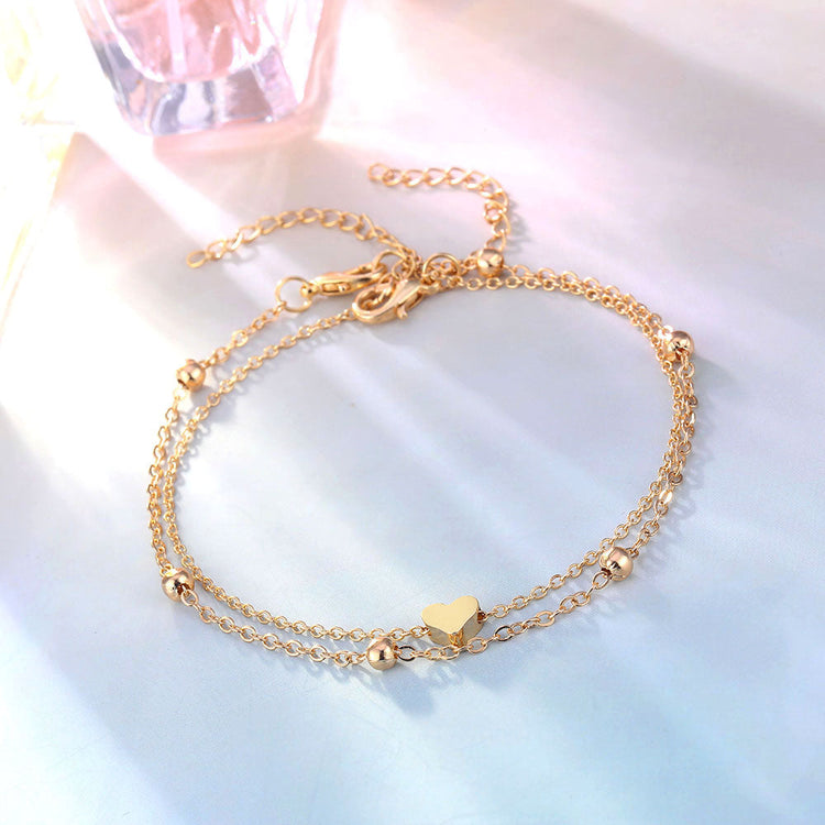 925 Sterling Silver Double Layer Heart Anklet Set - onlyone