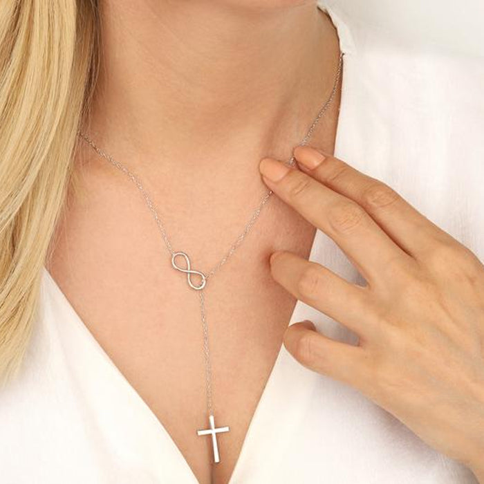 925 Sterling Silver Infinity Cross Vertical Lariat Necklace