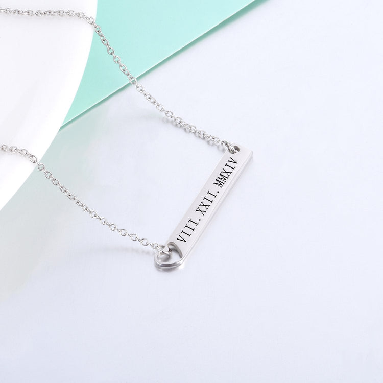 925 Sterling Silver Special Date Roman Numerals Engraved Bar Necklace With Hollow Heart - onlyone