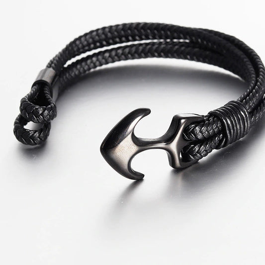 High Quality Men's Titanium Steel Bracelet Black Personality Leather Woven Anchor Leather Bracelet Rope Bracelet For Men Gift - onlyone