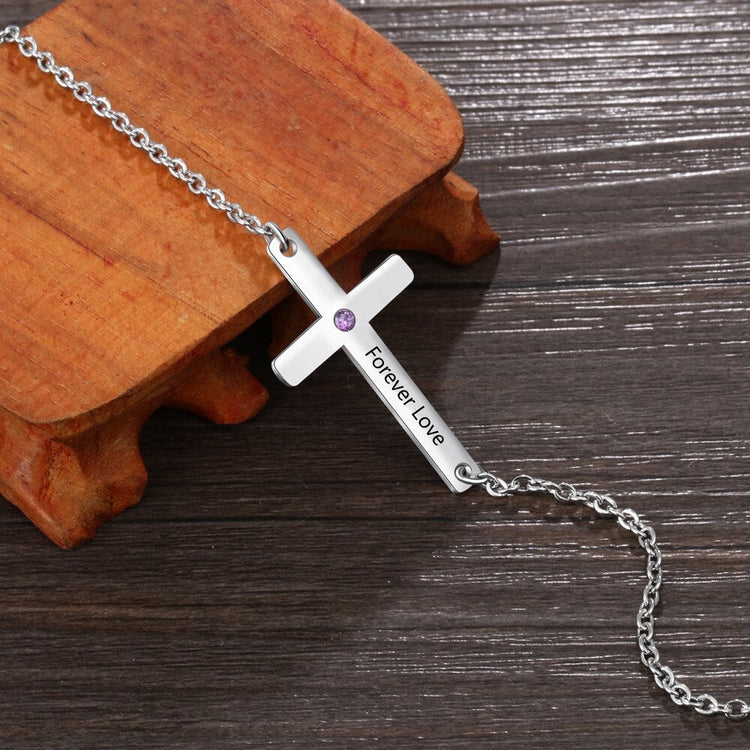 925 Sterling Silver Personalized Sideways Cross Necklace with Custom Name & Birthstone - onlyone