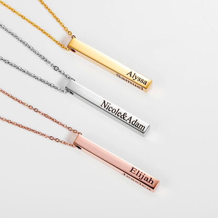 925 Sterling Silver 3D Engraved 4 Sided Vertical Pillar Bar Name Necklace