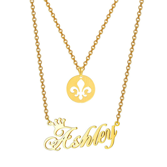 925 Sterling Silver Double Name Necklace Fleur De Lis Royal Lily Flower And Name Necklace - onlyone