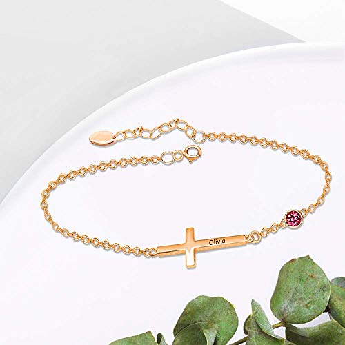 925 Sterling Silver Cross Personalized Custom Name Birthstone Bracelet - onlyone