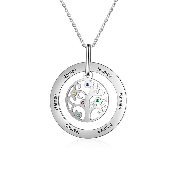 925 Sterling Silver Multi-Name Family Tree Necklace With Birthstone