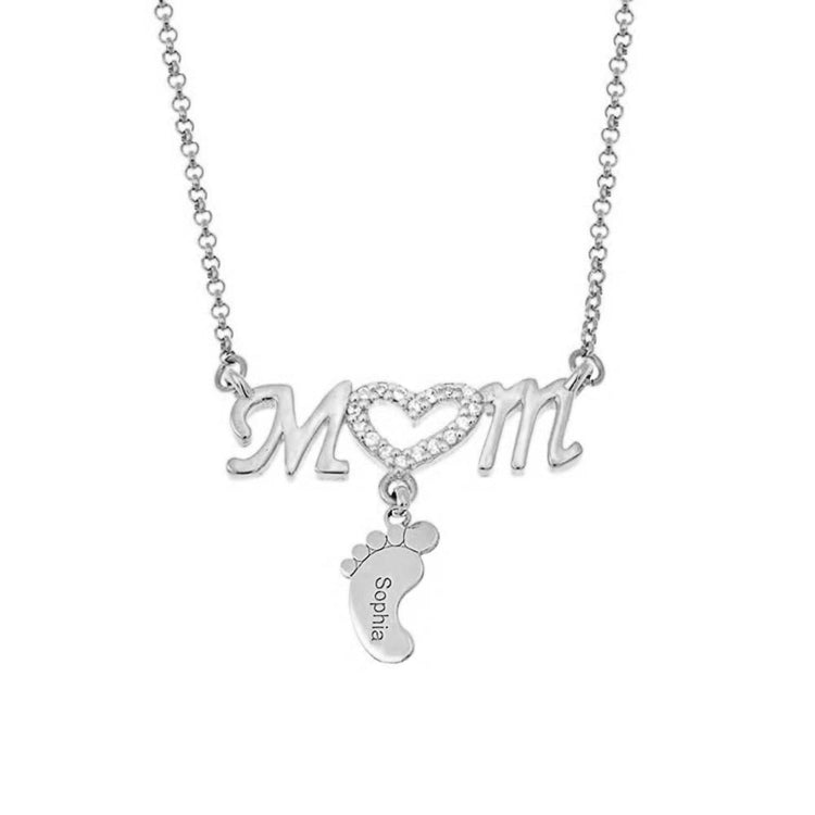925 Sterling Silver Personalized Mom Necklace with Baby Feet Pendant