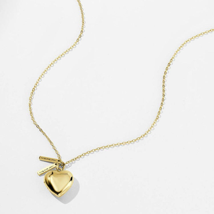 925 Sterling Silver Heart Photo Locket Necklace With Two Engraved Bars - onlyone