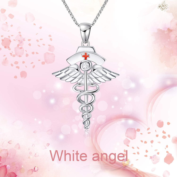 925 Sterling Silver Nurse Necklace Caduceus Angel Nursing Themed Pendant Necklace for Women Girls - onlyone