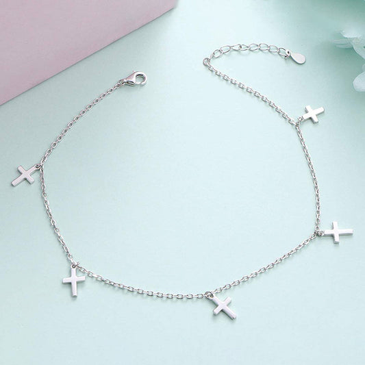 925 Sterling Silver Adjustable Cross Pendant Anklet