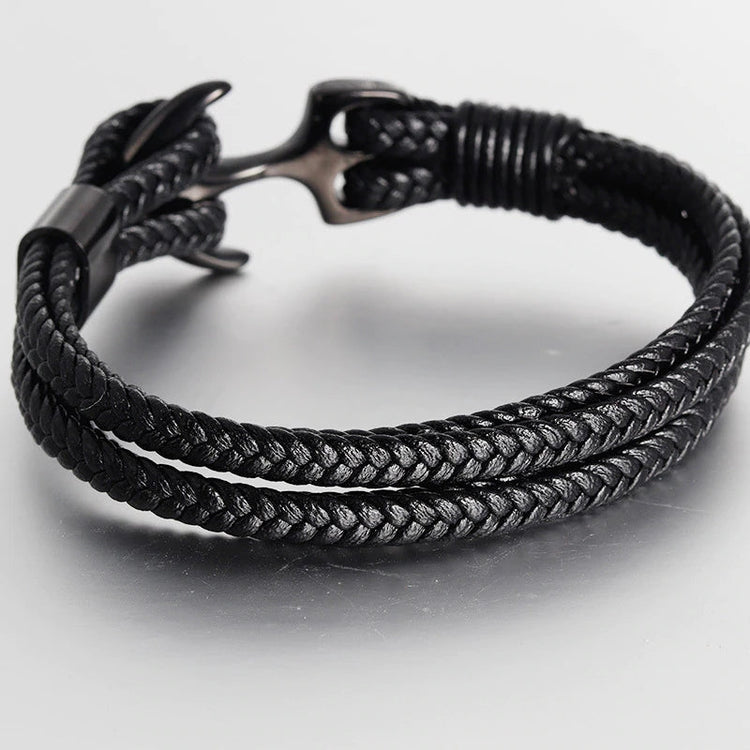 High Quality Men's Titanium Steel Bracelet Black Personality Leather Woven Anchor Leather Bracelet Rope Bracelet For Men Gift - onlyone
