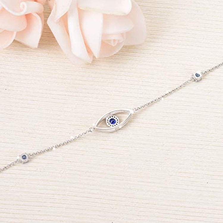 925 Sterling Silver Evil Eye Sapphire Blue Sparkling Cubic Zirconia Adjustable Anklet