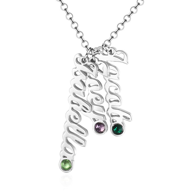 925 Sterling Silver Vertical Multi Name Necklace With Birthstone