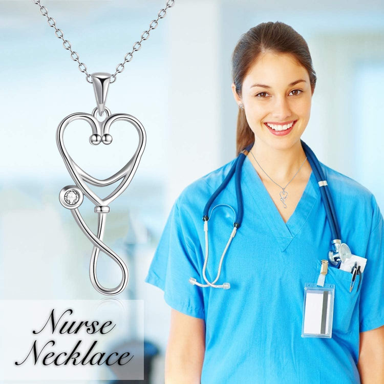 925 Sterling Silver Caduceus Angel Nursing Themed Stethoscope Pendant Necklace - onlyone