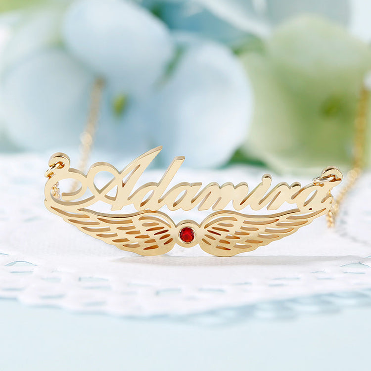 925 Sterling Silver Angel Wings Name Necklace Nameplate Necklace With Birthstone - onlyone
