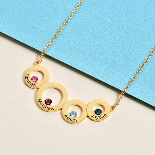 925 Sterling Silver Custom Engraved Necklace 4 Circles with Birthstone Necklace For Women - onlyone