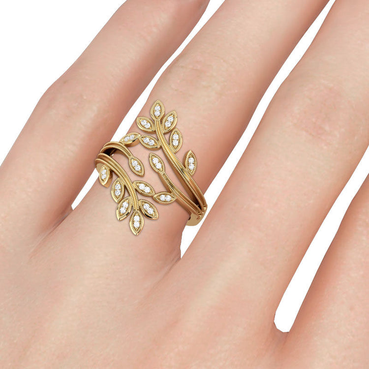 925 Sterling Silver Milgrain Leaf Design Round Cut Sterling Silver Ring