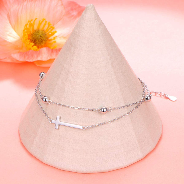 925 Sterling Silver Adjustable Foot Beaded Cross Charm Ankle - onlyone