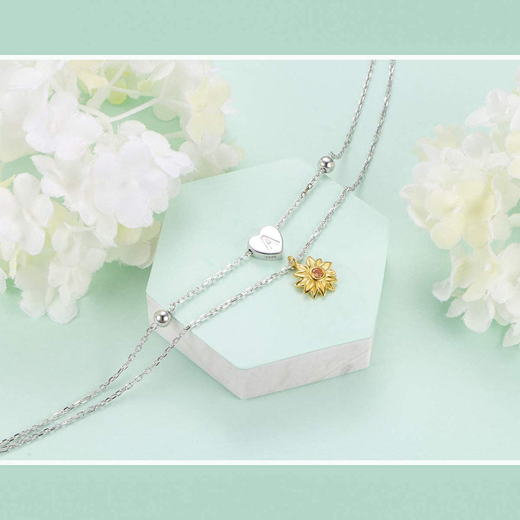 925 Sterling Silver Double Sunflower Customizable Alphabet Anklets Summer Style - onlyone